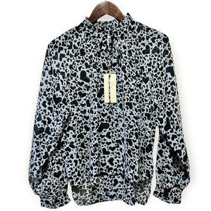 Elan Women's Size M High Neck Sheer Long Sleeve Hearts Top Tie-Front Black Blue